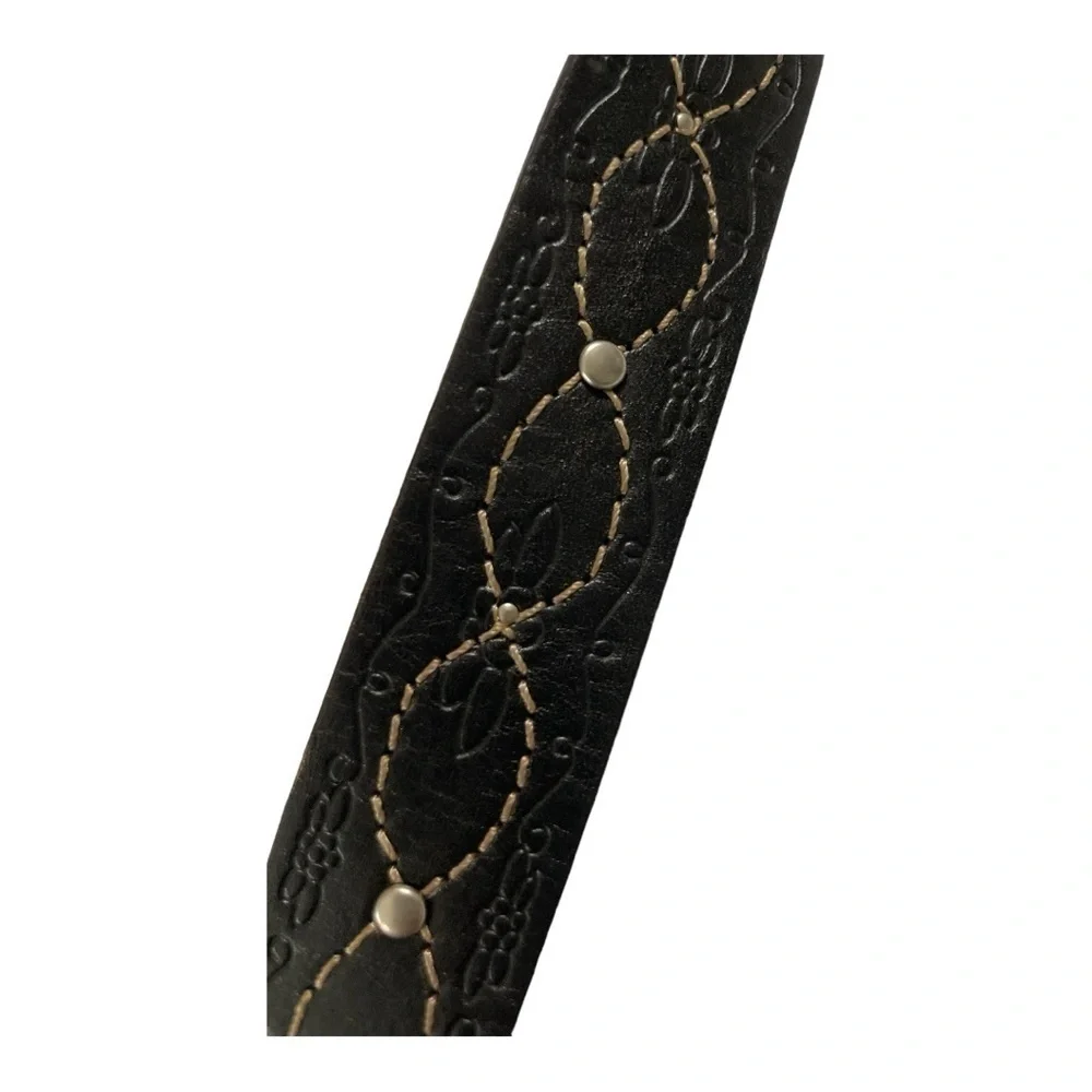 Dockers Tooled Floral Studded Black Leather Belt with adjustable buckle